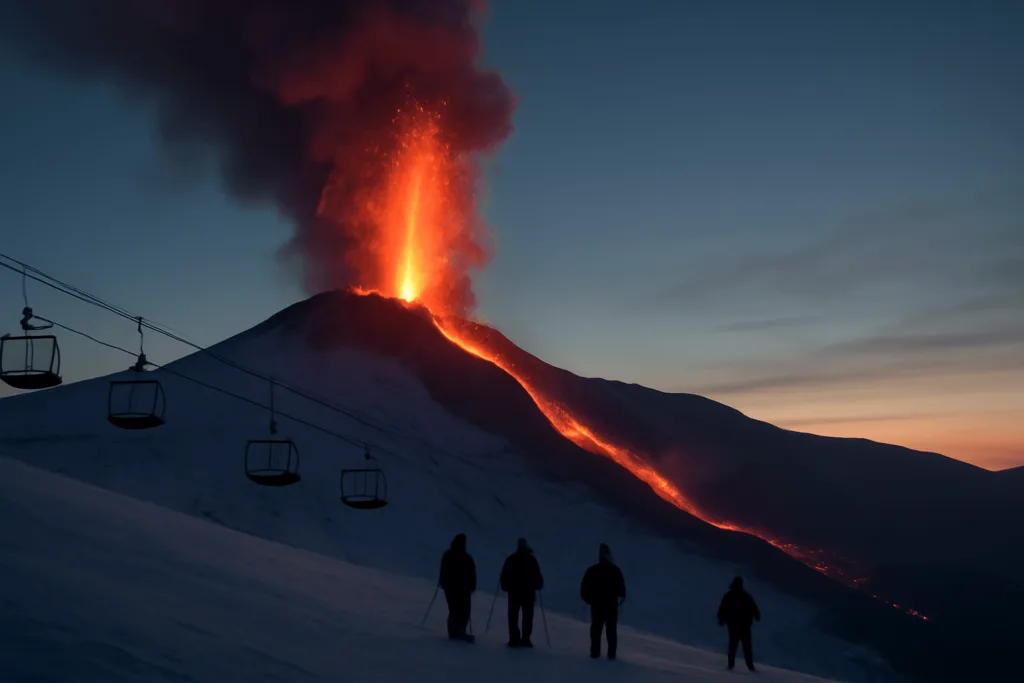 Etna chrlí lávu z Voragine, svahy zůstávají plné lyžařů