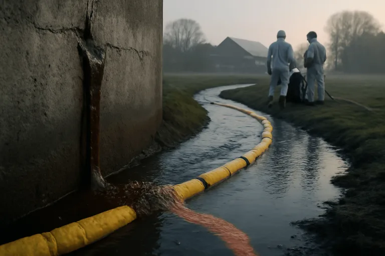 Prasklá betonová nádrž v Podmyčích: kejda se dostala do Junáckého potoka a do Dyje