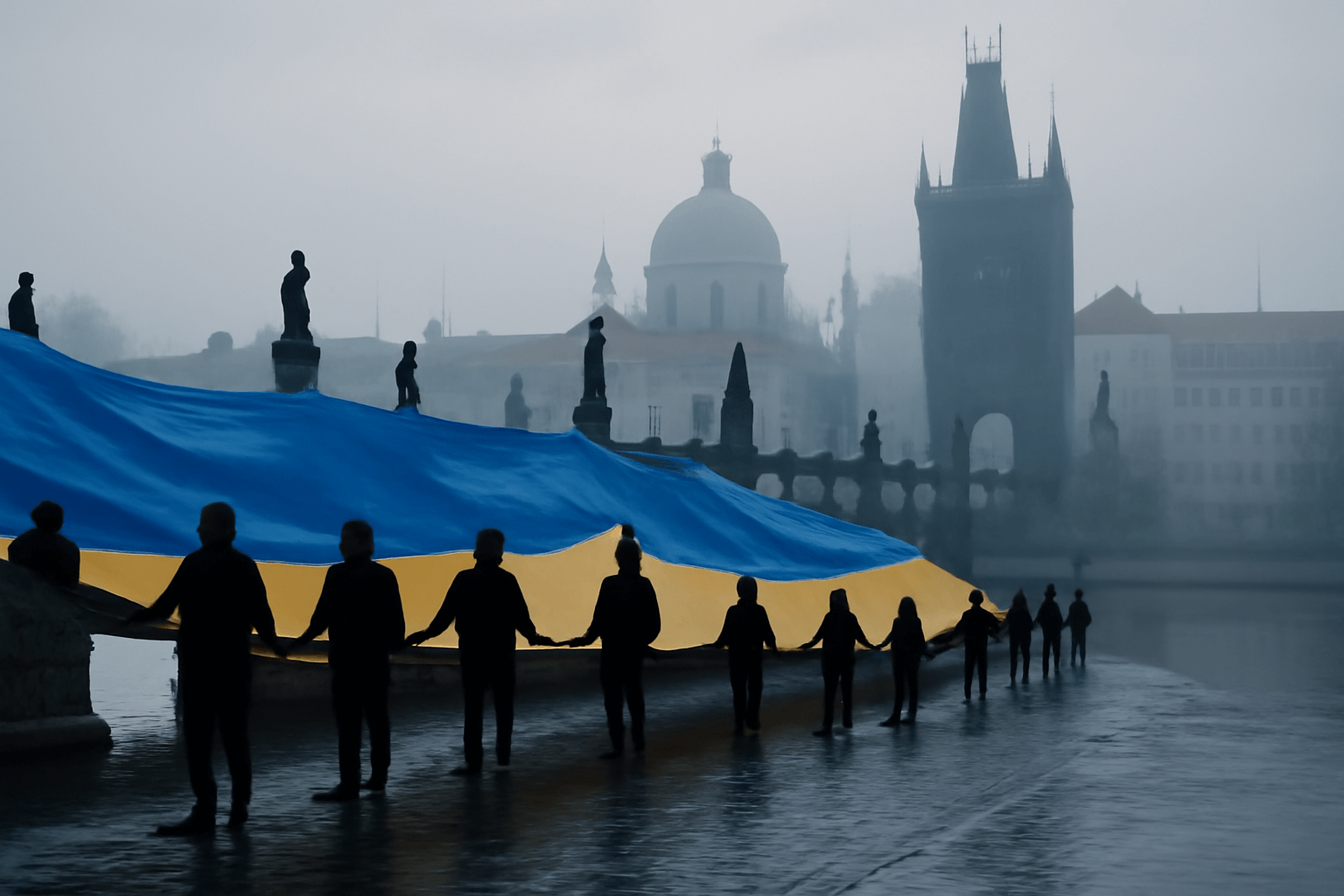Karlův most pokryla třicetimetrová ukrajinská vlajka při připomínce Dne sjednocení