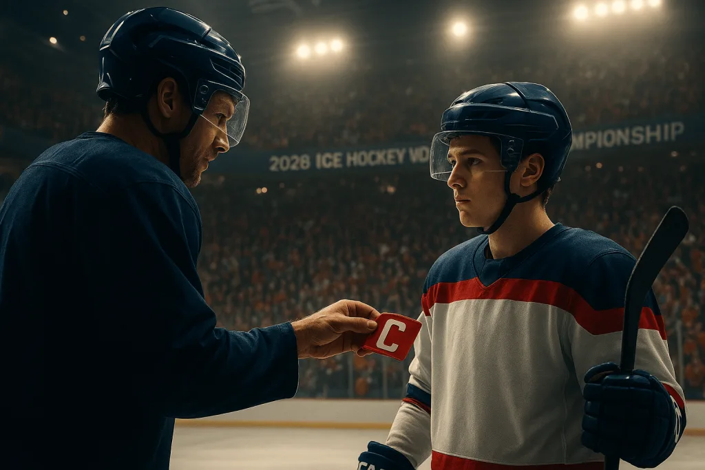 Sidney Crosby předává kapitánské céčko Macklinu Celebrinimu na MS v hokeji 2026