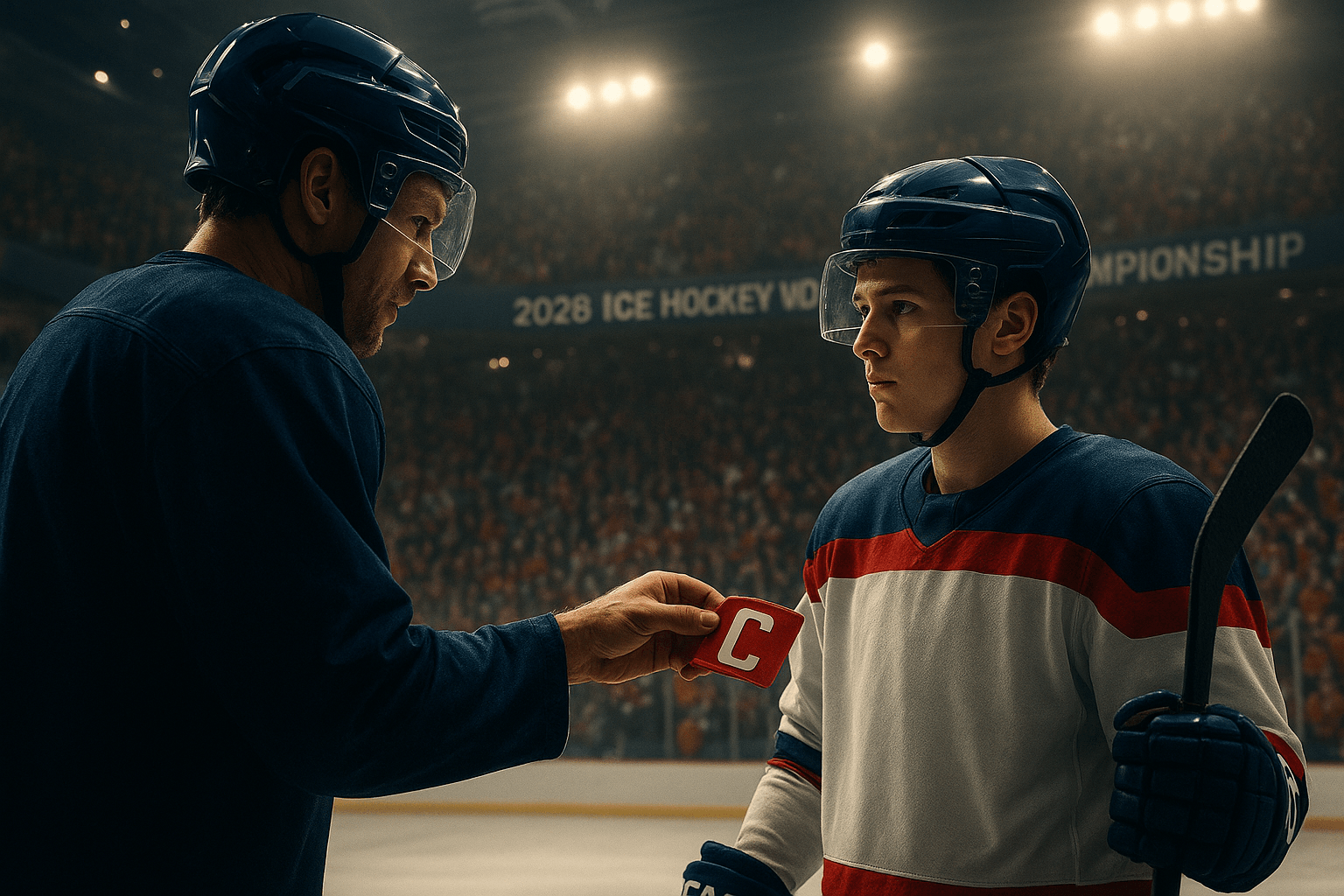 Sidney Crosby předává kapitánské céčko Macklinu Celebrinimu na MS v hokeji 2026