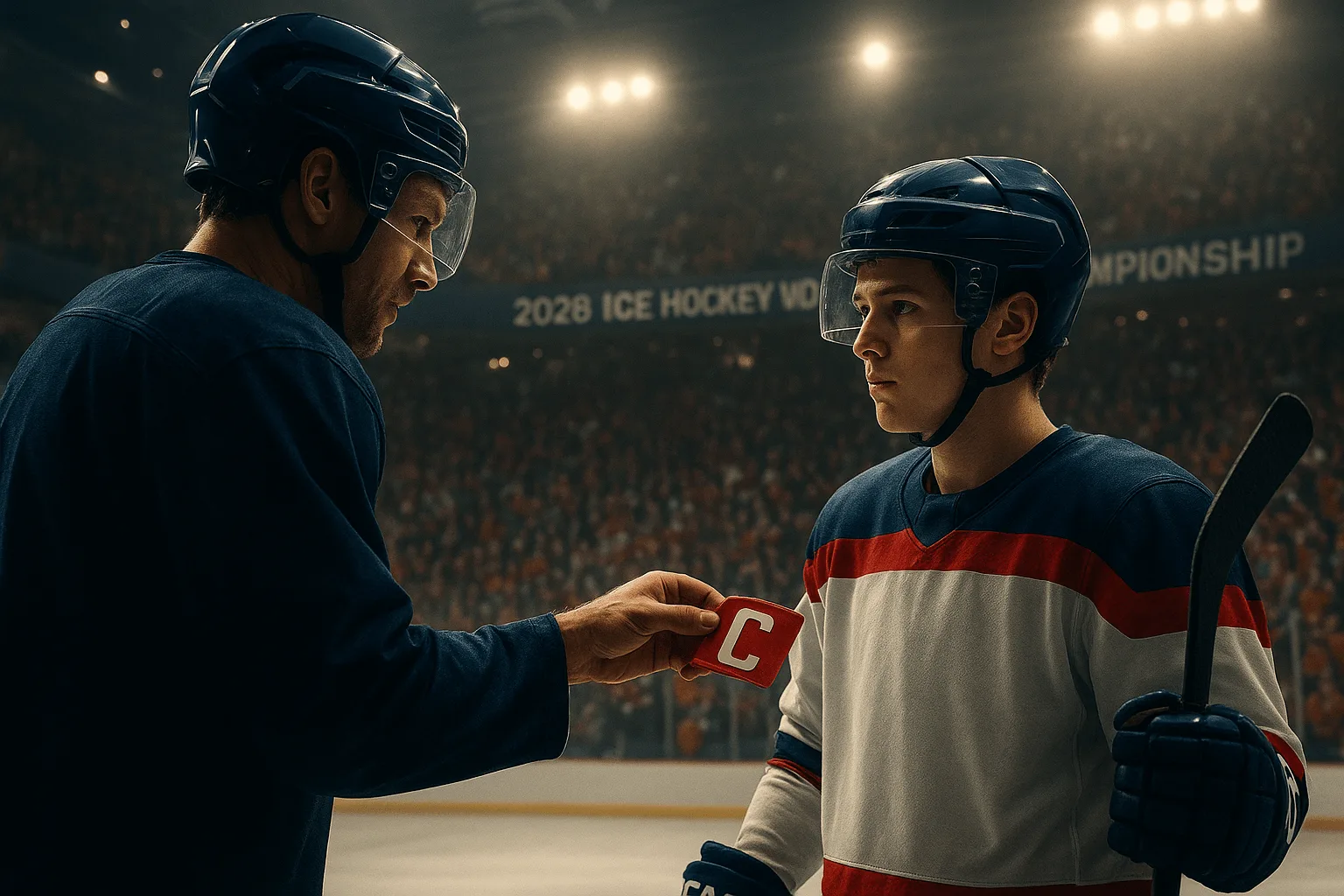 Sidney Crosby předává kapitánské céčko Macklinu Celebrinimu na MS v hokeji 2026