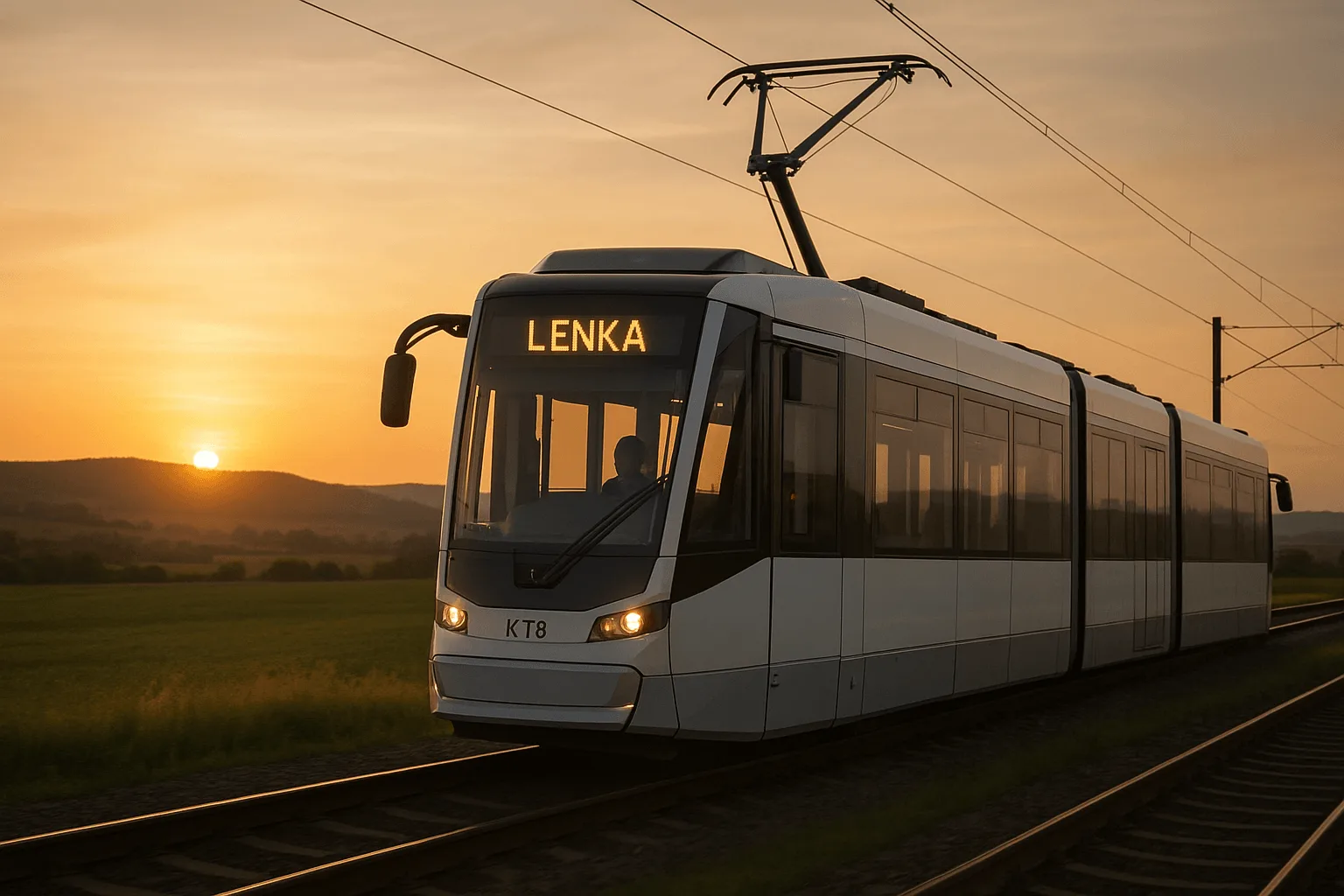 Brněnská tramvaj Lenka vyjíždí na železnici u Jičína